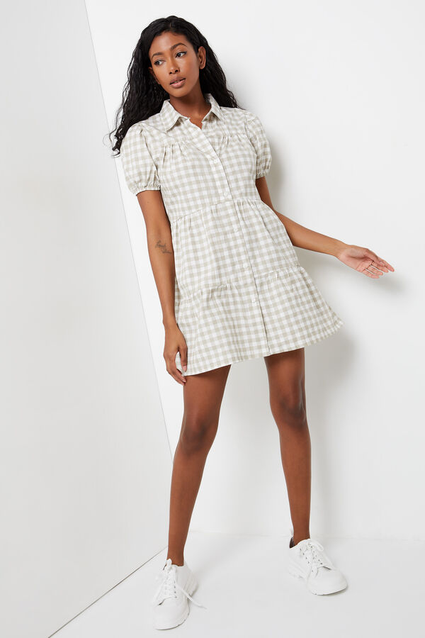 Gingham Button-Front Tiered Dress