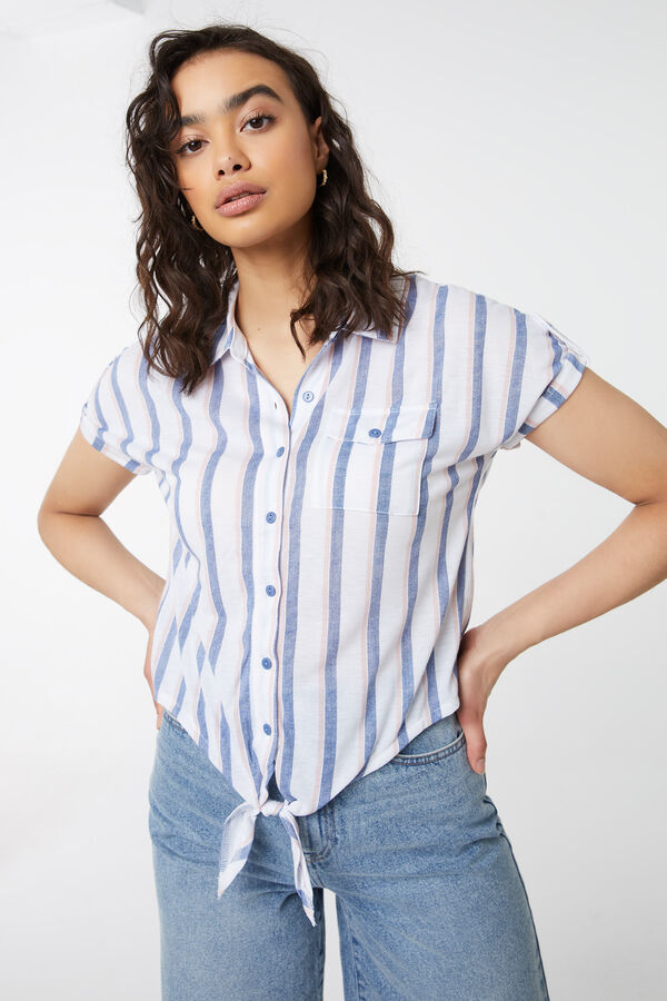 Knotted Striped Button-Up Shirt