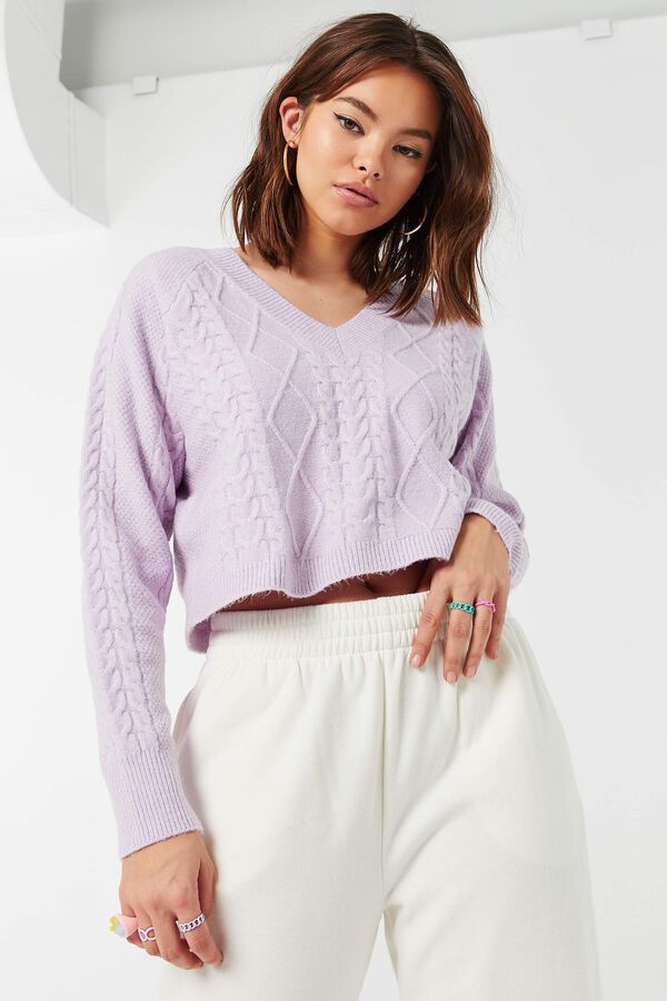 Cropped Cable Knit V-Neck Sweater