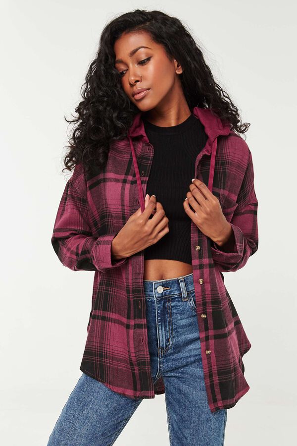 Plaid Oversized Flannel Shirt with Hood