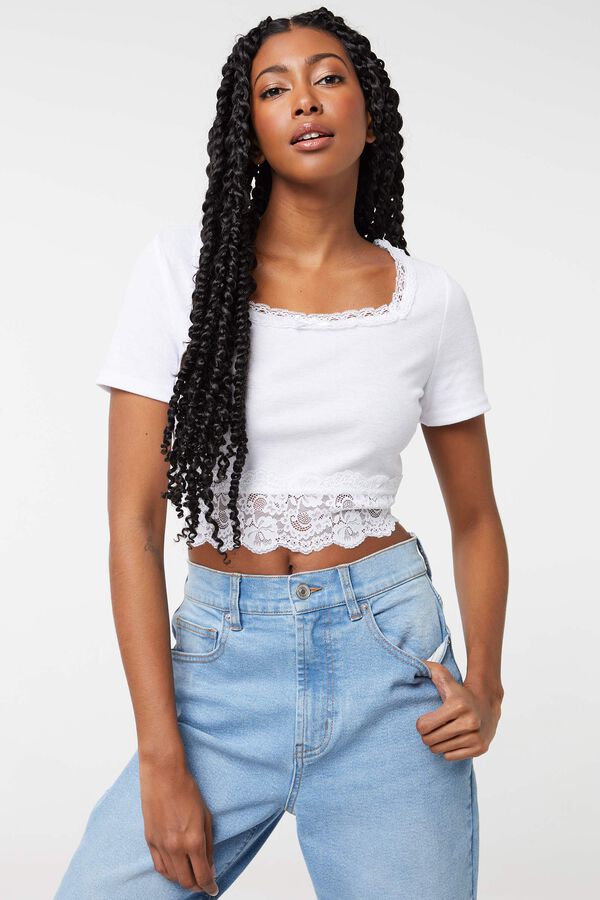 Crop Square Neck Tee with Lace Hem