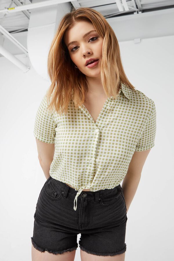 Short-Sleeve Blouse with Pearl Buttons