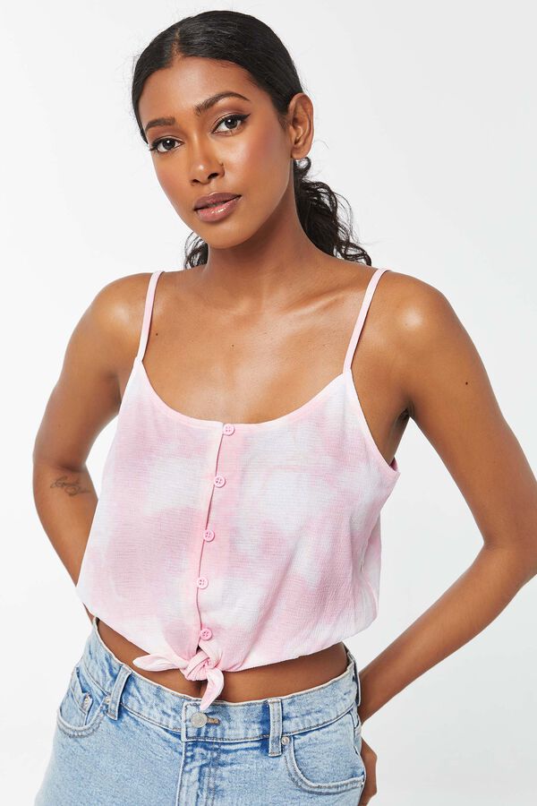 Tie-Dye Button-down Crop Tank Top with Front Tie