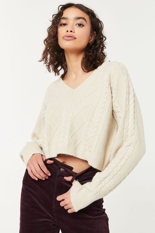 Cropped Cable Knit V-Neck Sweater