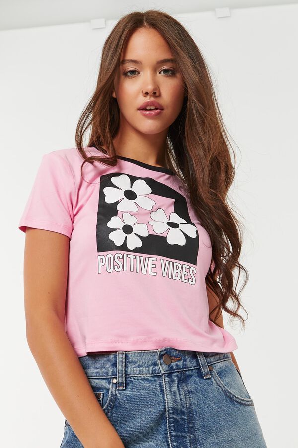 Positive Vibes Cropped Ringer-Neck Tee