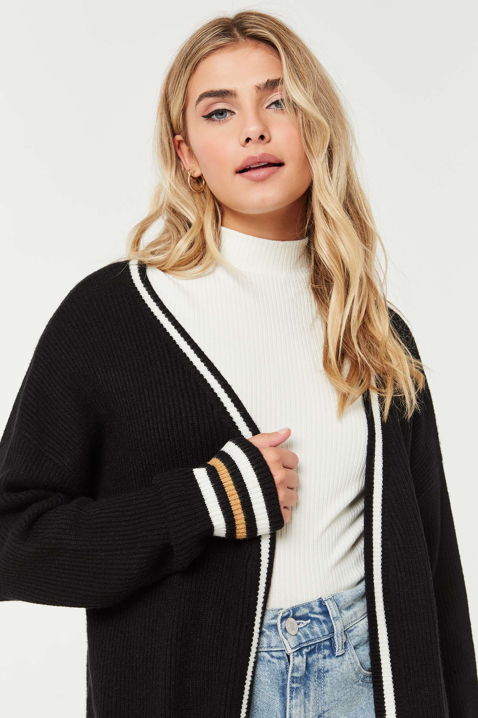 Open Cardigan with Striped Trims