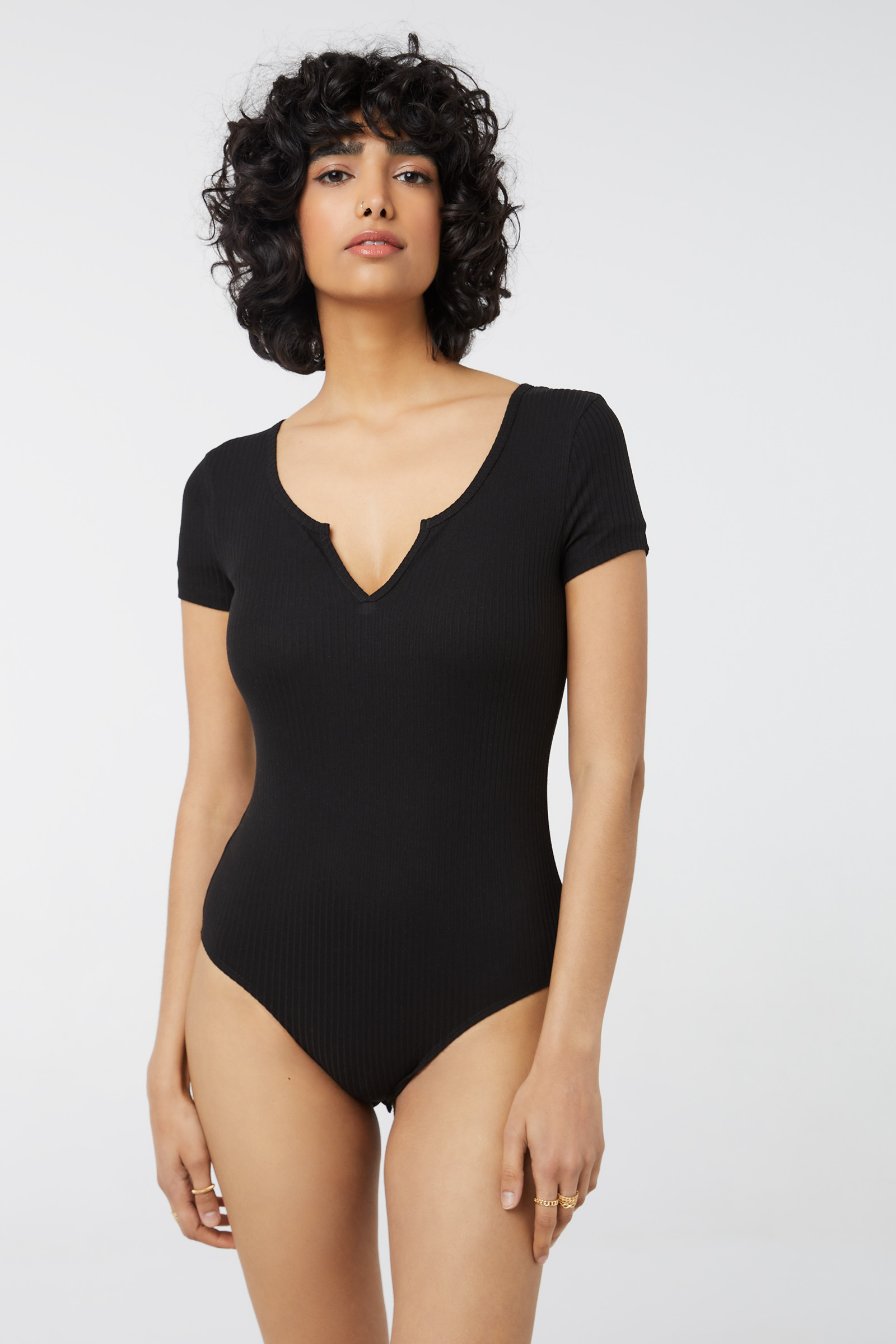 Notched Collar Ribbed Bodysuit