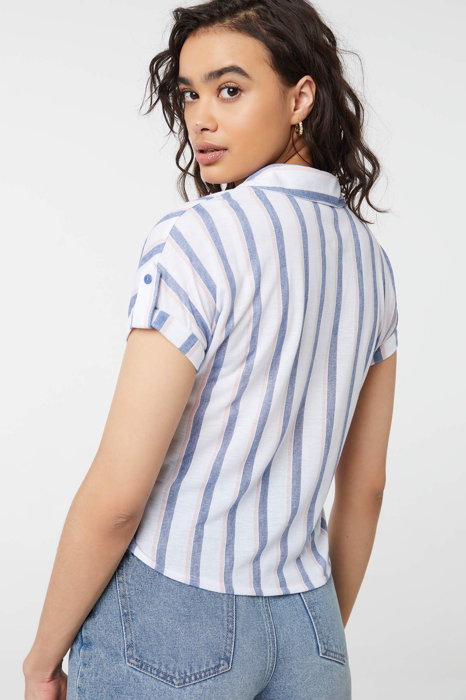 Knotted Striped Button-Up Shirt
