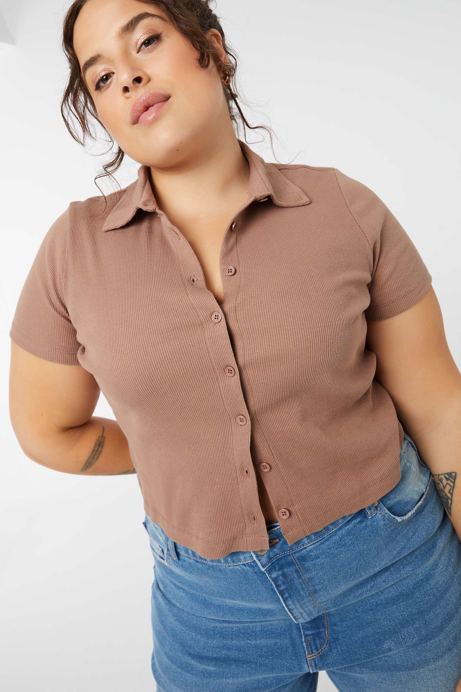 Cropped Button-Front Polo