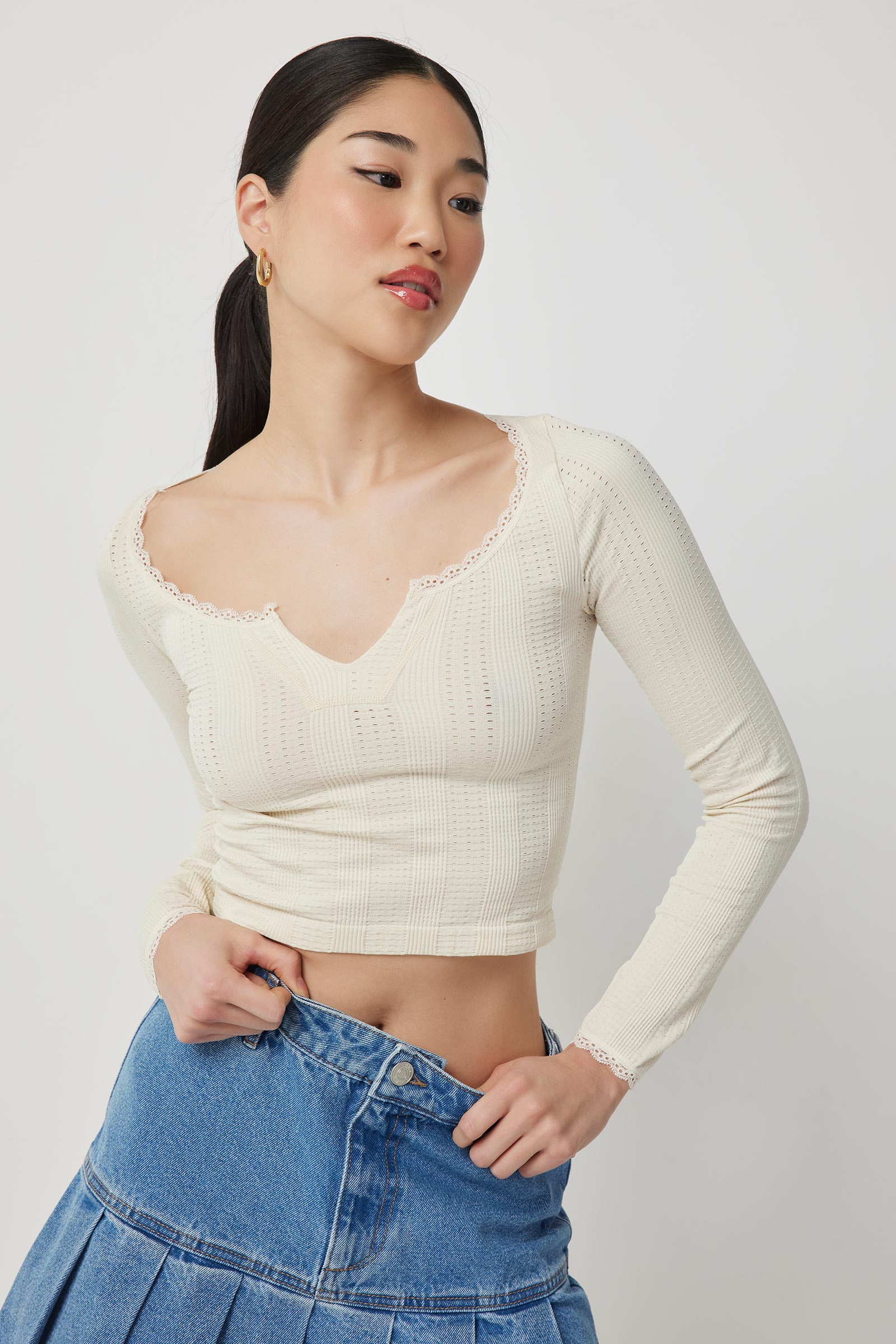 Ardene Textured Long Sleeve Crop Top in Beige | Size | Elastane/Polyamide