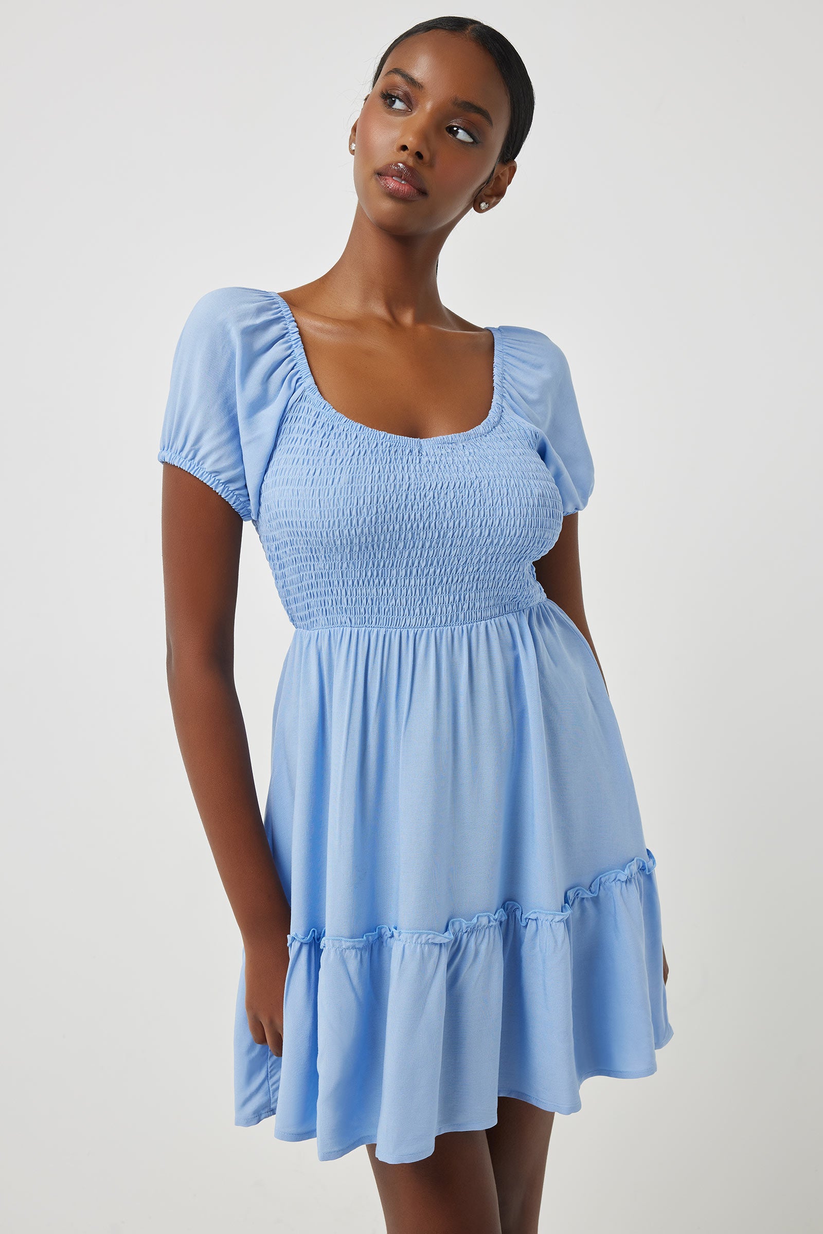 Ardene Smocked Mini Dress with Puff Sleeves in Light Blue | Size | Rayon