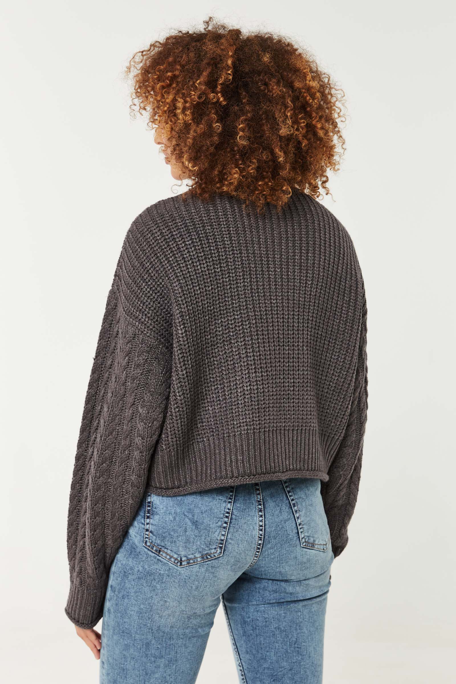 Cropped Cable Knit Mock Neck Sweater