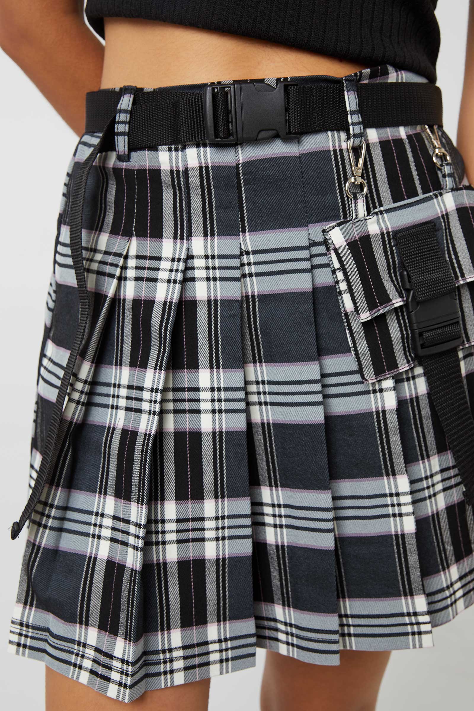 Plaid Twill Mini Skirt with Pouch